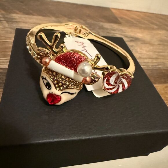 Betsey Johnson Red Nose Reindeer GoldTone Red Necklace and Bangle Bracelet Set - Picture 3 of 4